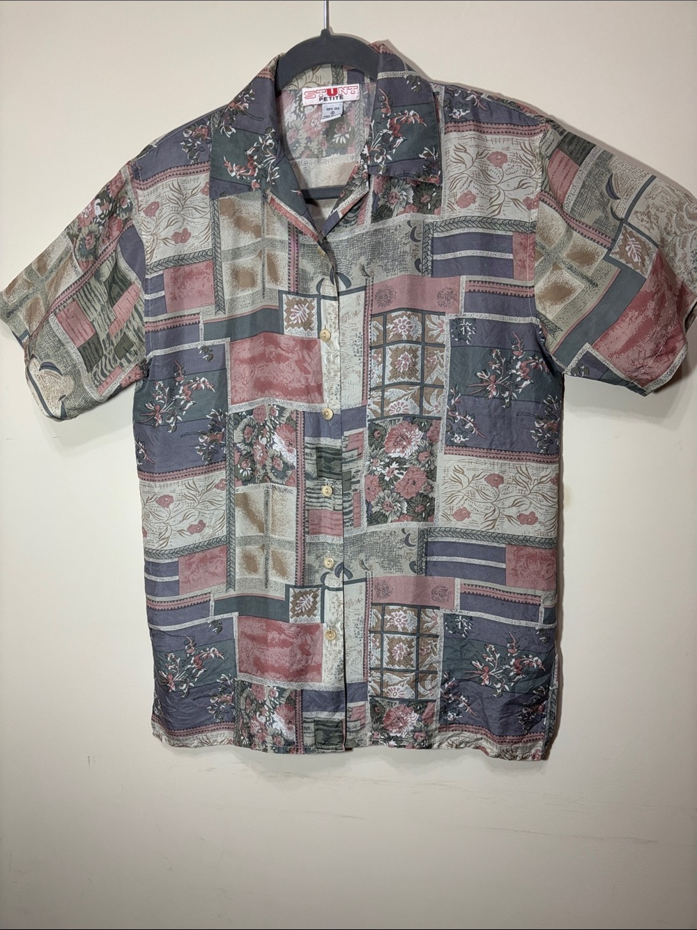 100% Silk Stunt Petite Vintage Patchwork Floral Short-Sleeve Shirt - Multicolor